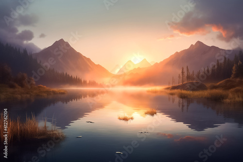 The illustration of the serene beauty of nature  where towering mountains and a gently streaming river create a harmonious landscape that will captivate your senses. Generative AI...