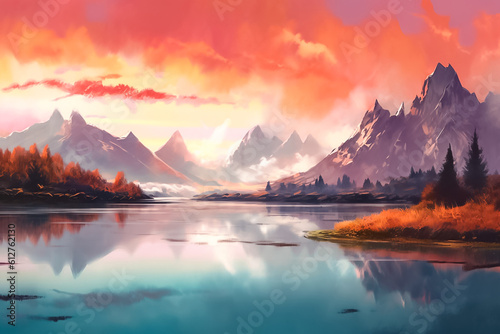 The illustration of the serene beauty of nature, where towering mountains and a gently streaming river create a harmonious landscape that will captivate your senses. Generative AI... © Surachetsh