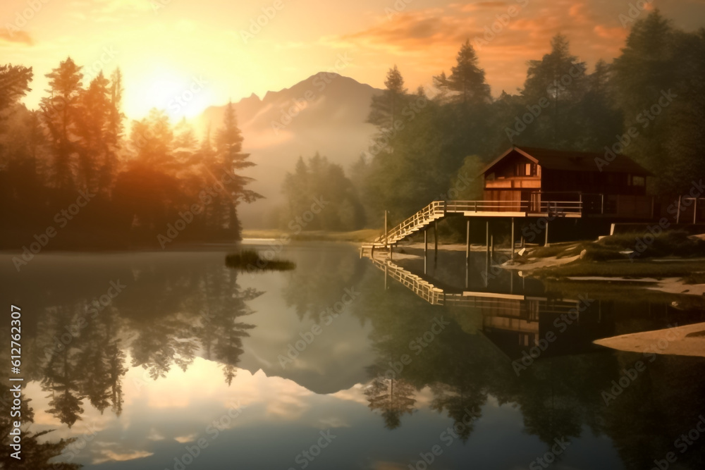 Fototapeta premium The illustration of the sunset awe-inspiring sight of majestic mountains as they embrace a serene stream, painting a mesmerizing picture of tranquility and grandeur. Generative AI.