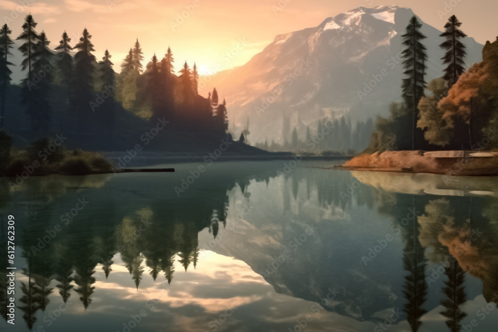 The illustration of the sunset awe-inspiring sight of majestic mountains as they embrace a serene stream, painting a mesmerizing picture of tranquility and grandeur. Generative AI.