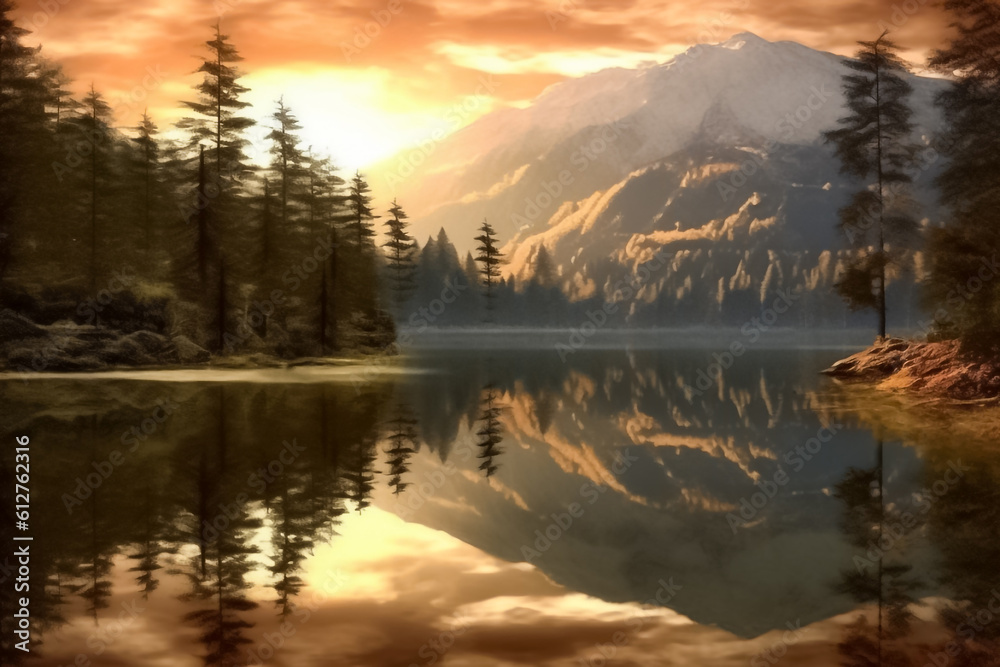 Fototapeta premium The illustration of the sunset awe-inspiring sight of majestic mountains as they embrace a serene stream, painting a mesmerizing picture of tranquility and grandeur. Generative AI.