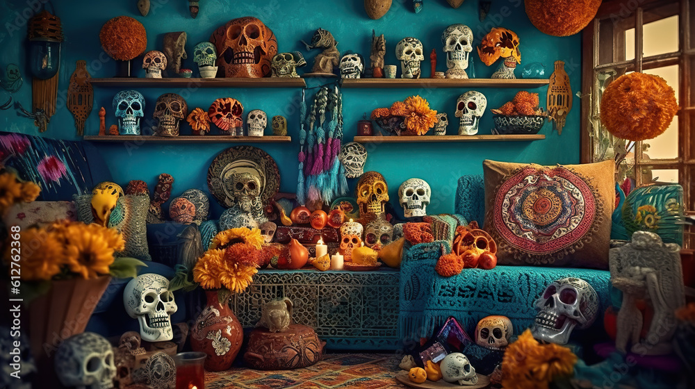 A living room filled with lots of skulls and flowers. AI generative. Day of the Dead picturesque display