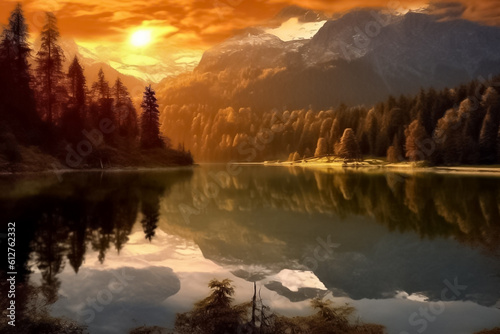 The illustration of the sunset awe-inspiring sight of majestic mountains as they embrace a serene stream, painting a mesmerizing picture of tranquility and grandeur. Generative AI. © Surachetsh
