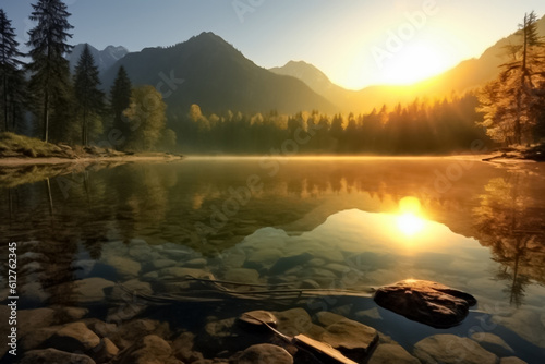The illustration of the sunset awe-inspiring sight of majestic mountains as they embrace a serene stream  painting a mesmerizing picture of tranquility and grandeur. Generative AI.