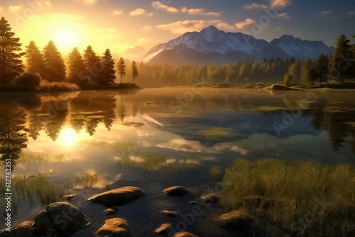 The illustration of the sunset awe-inspiring sight of majestic mountains as they embrace a serene stream, painting a mesmerizing picture of tranquility and grandeur. Generative AI.