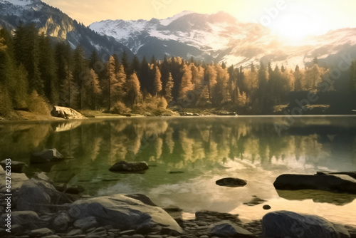 The illustration of the sunset awe-inspiring sight of majestic mountains as they embrace a serene stream, painting a mesmerizing picture of tranquility and grandeur. Generative AI.