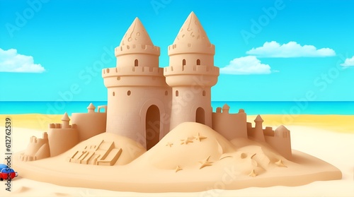 Sand castle on the beach. Summer vacation concept. cartoon style