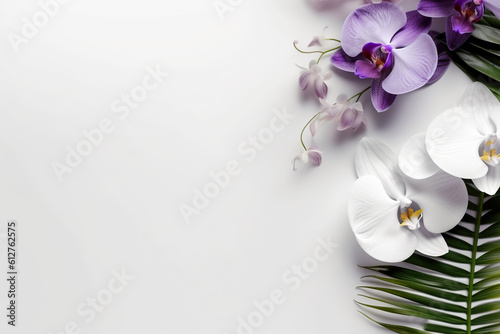 A bunch of exotic leaves and orchid flowers. Generative AI. Copy space  place for text  copyspace.
