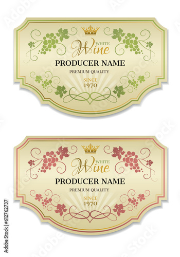 Wine labels. Vector set of two labels for wine with bunches of grapes and crown.