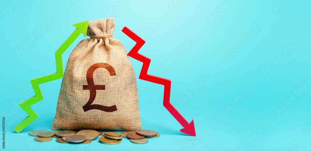 British Pound Sterling Money Bag And Two Arrows Of Profit Loss Income british-pound-sterling-money-bag-and-two-arrows-of-profit-loss-income