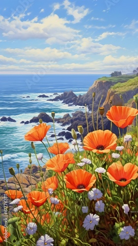 Beautiful flowers  poppies and daisies against the backdrop of the ocean  raging waves. Watercolor paintings sea landscape  sunset in the ocean. Generative Ai.