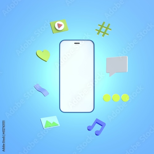 3D Mobile with social media. Concept of communication. 3D rendering