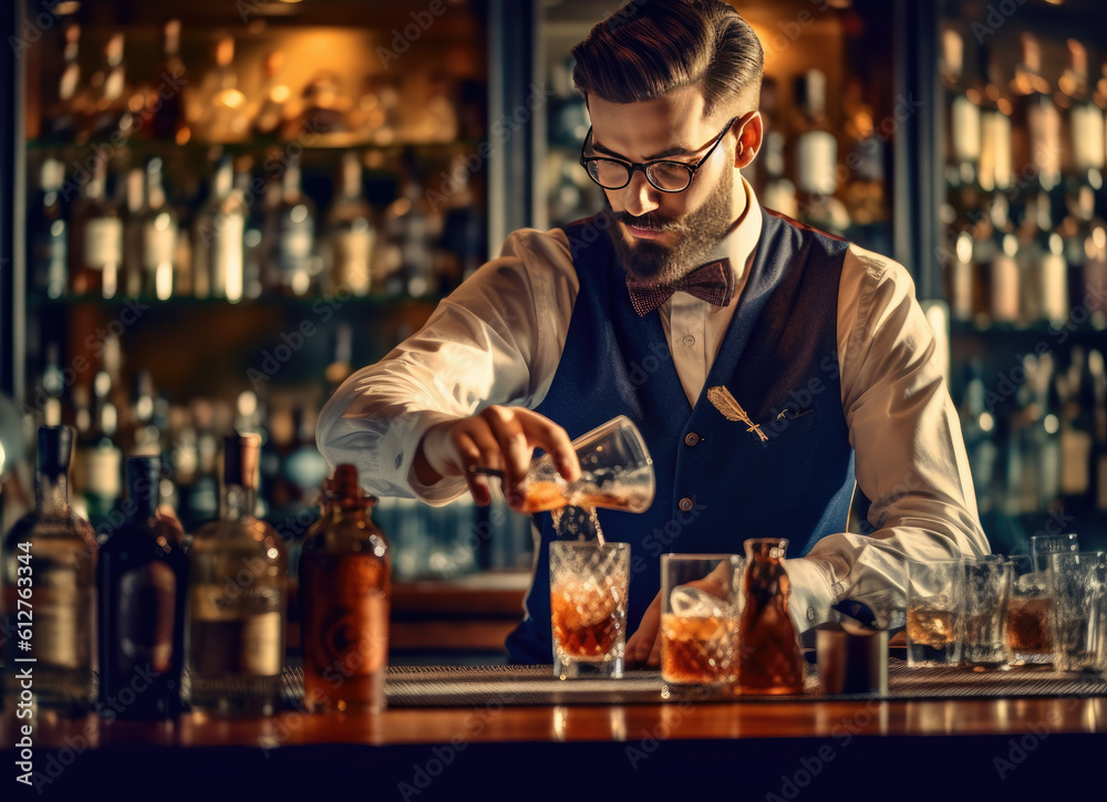 Man working in a bar preparing several colorful cocktails. Concept of soft drinks and hospitality.