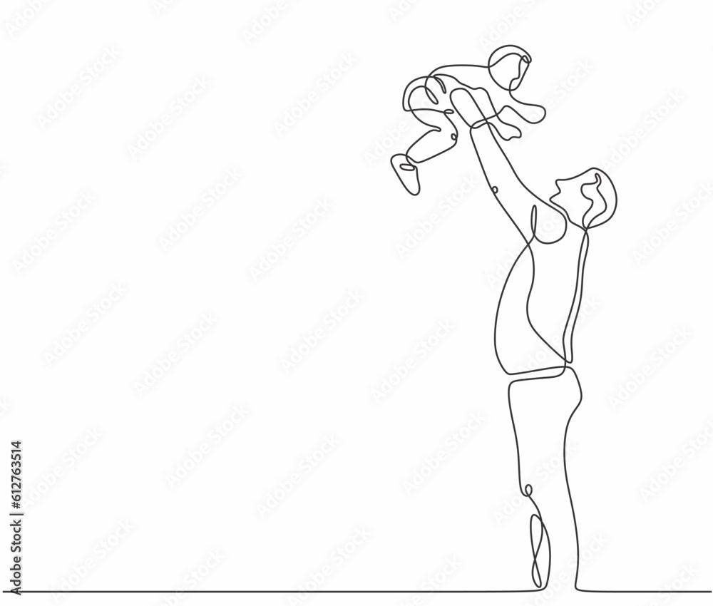 Continuous single drawn one line dad tosses a toddler by hand. Laugh together with baby. Happy playing with his baby. parents day vector. Continuous single drawn one line dad tosses a toddler by hand. Laugh together with baby. Happy playing with his baby. parents day vector.