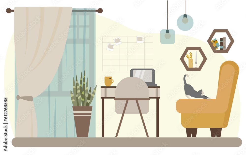 Fototapeta premium interior of working cabinet with furniture and accessories, cat, armchair, and plant. Design of Living room. Vector illustration in flat style