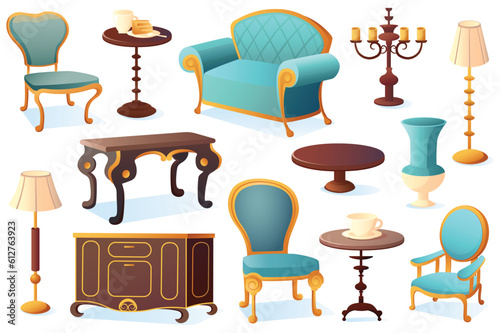Antique furniture set. A flat, cartoon-style design featuring a set of antique furniture. Vector illustration.