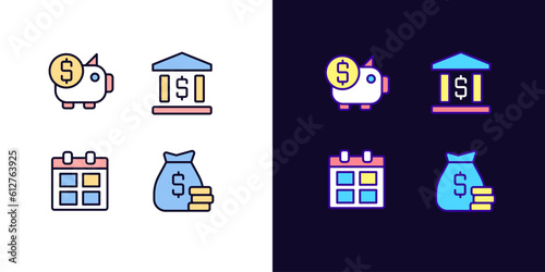 Business and finance pixel perfect light and dark theme color icons set. Regular payments. Corporate expenditures. Simple filled line drawings. Bright cliparts on white and black. Editable stroke