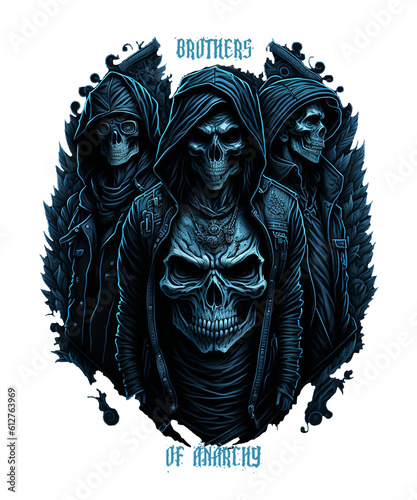 Three skeletons as Anarchy Brothers bikers, AI generated.