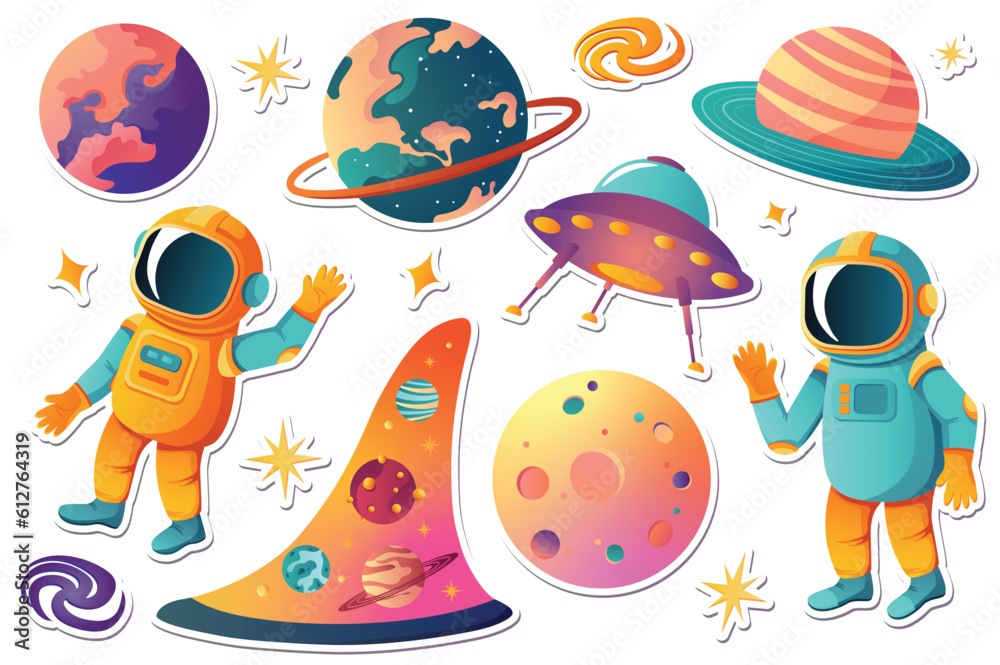 Space stickers set. This illustration features a flat, cartoon-style design of a set of space stickers, including planets, stars, and spaceships. Vector illustration.