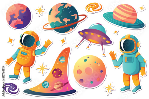 Fototapeta Naklejka Na Ścianę i Meble -  Space stickers set. This illustration features a flat, cartoon-style design of a set of space stickers, including planets, stars, and spaceships. Vector illustration.