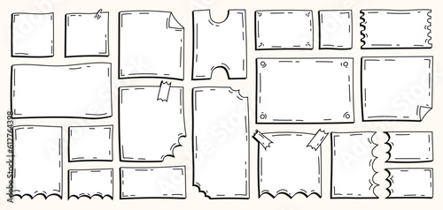 Set of cute cartoon paper stickers, tickets, reminders, templates, borders and frames. Vector backgrounds for drawings, text or lettering.