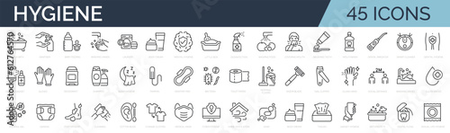 Set of 45 outline icons related to hygiene. Linear icon collection. Vector illustration. Editable stroke