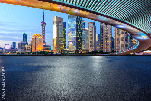 Photography Asphalt road and bridge with city skyline in Shanghai, China.