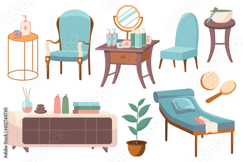 Spa furniture set. This is an illustration of a flat design cartoon set of spa furniture. The furniture includes a massage bed, lounge chairs, etc. Vector illustration.