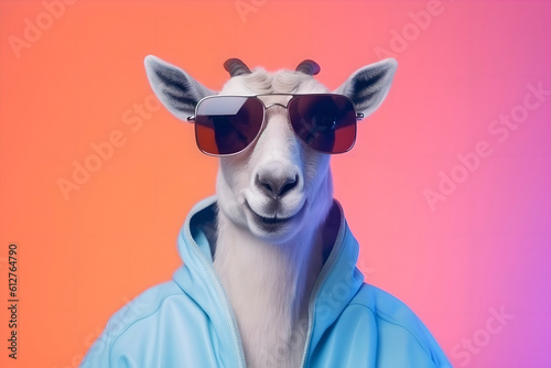 Cool goat with horns in a blue hoodie jacket and sunglasses on an orange background. Generative AI. Cool goat with horns in a blue hoodie jacket and sunglasses