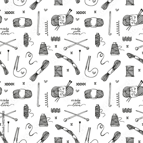 Seamless vector pattern with a handmade theme.  Knitting and embroidery objects.