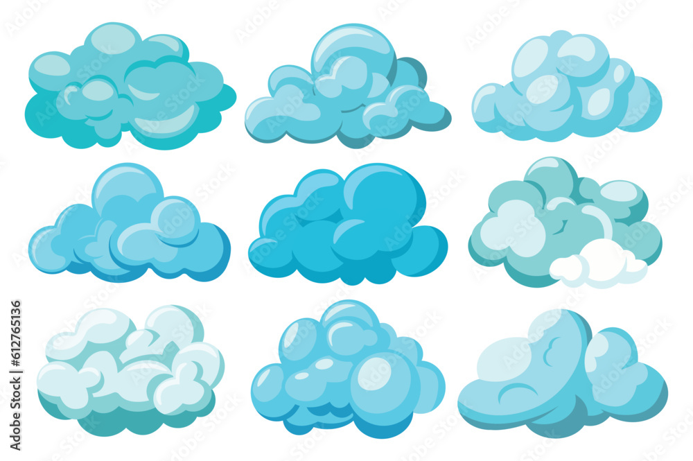 Blue clouds set. This illustration set features a series of blue clouds designed in a flat and cartoon style. Vector illustration.