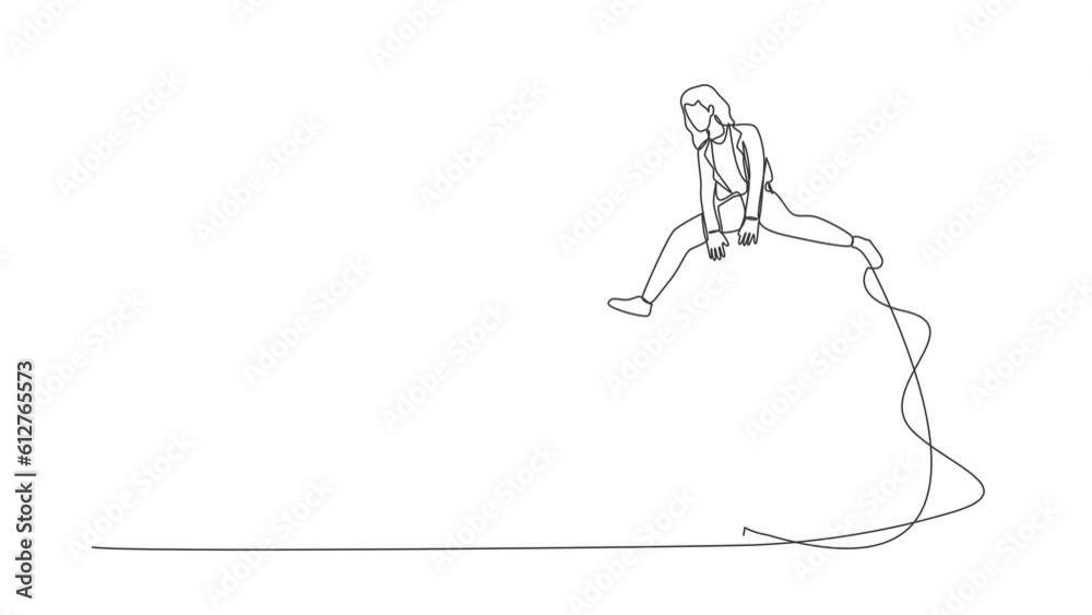 Animated self drawing of continuous line draw businesswoman jump over alarm clock. Wake up inspiration for new project. Business deadline or working time efficiency. Full length one line animation