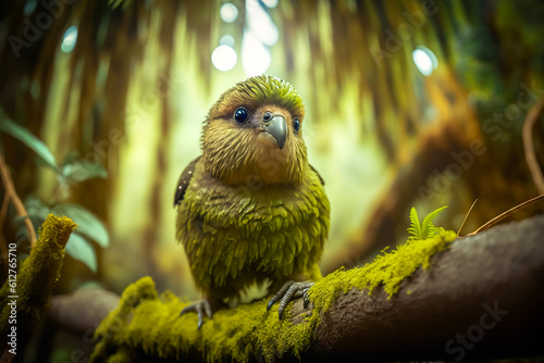 bird The Kakapo (Strigops habroptilus), perched on a branch in the forest © adatheartist