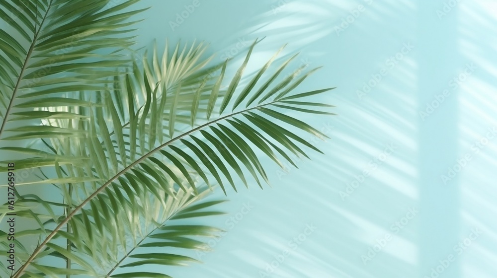 Palm leaves on the light blue wall. Minimal abstract background for product presentation, generative AI