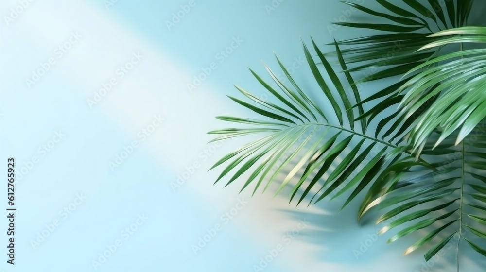 Palm leaves on the light blue wall. Minimal abstract background for product presentation, generative AI