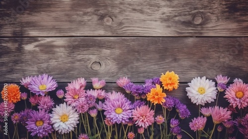 Garden flowers on wooden table background for design   generative AI