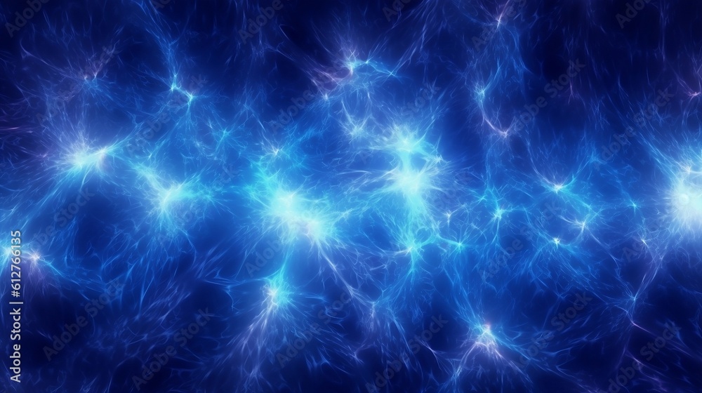 Seamless dark blue background with electric glowing lightning flares effect. Magical neon energy field burst or plasma storm pattern, generative AI