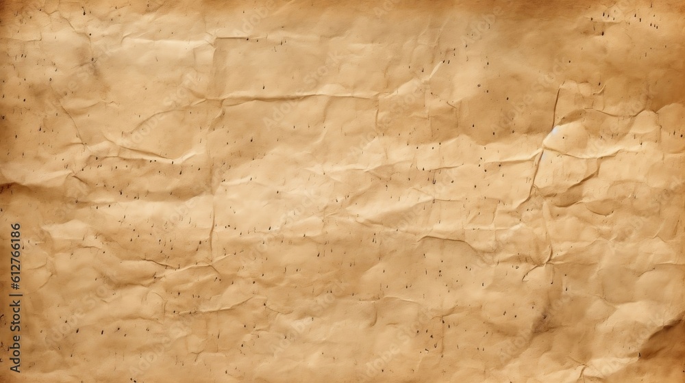 Seamless vintage beige brown wrinkled and creased parchment paper background texture. Rustic grunge scrapbook craft cardstock or old book page pattern, generative AI