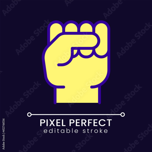 Raised fist pixel perfect RGB color icon for dark theme. Gesture of protest. Political solidarity. Simple filled line drawing on night mode background. Editable stroke. Poppins font used