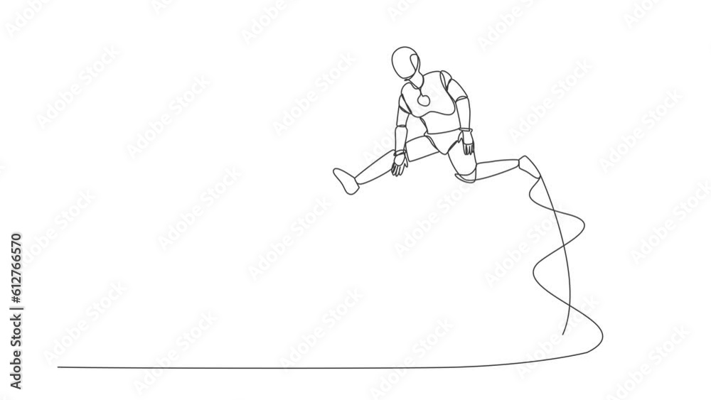 Self drawing animation of single line draw robot jump over shield. Protection, insurance, from business danger. Future technology. Artificial intelligence. Continuous line draw. Full length animated