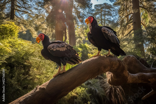 pair of California condor birds (Gymnogyps californianus), perched on a tree branch, in a green and fairy-like forest photo