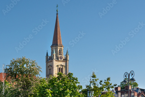 The center of the city of Wałbrzych, view of the church tower.