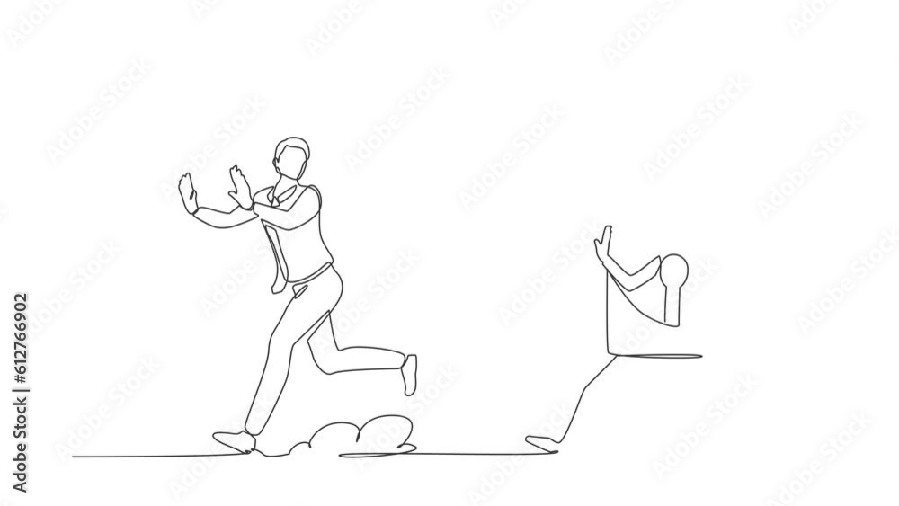 Self drawing animation of single one line draw stressed businessman being chased by padlock. Worker running for business security. Professional solutions. Continuous line draw. Full length animated Self drawing animation of single one line draw stressed businessman being chased by padlock. Worker running for business security. Professional solutions. Continuous line draw. Full length animated