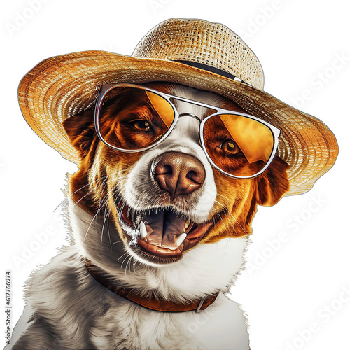 The dog in the hat and sunglasses wears a straw hat. Happy dog in summer background decoration photo