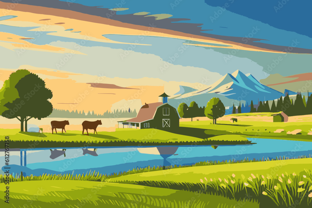 Cows on a dairy farm. Vector illustration of cows in the field. Stock ...