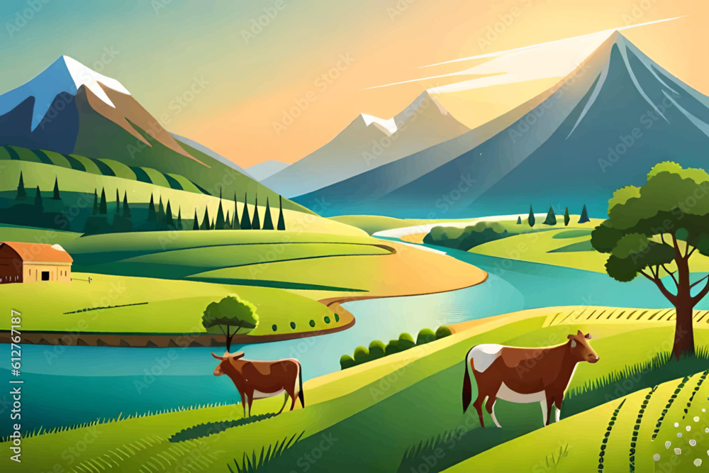 Cows on a dairy farm. Vector illustration of cows in the field. Stock ...