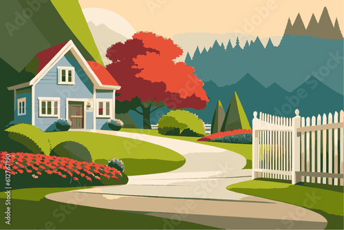 Flowerbeds near the house. Vector illustration of a garden near the house.