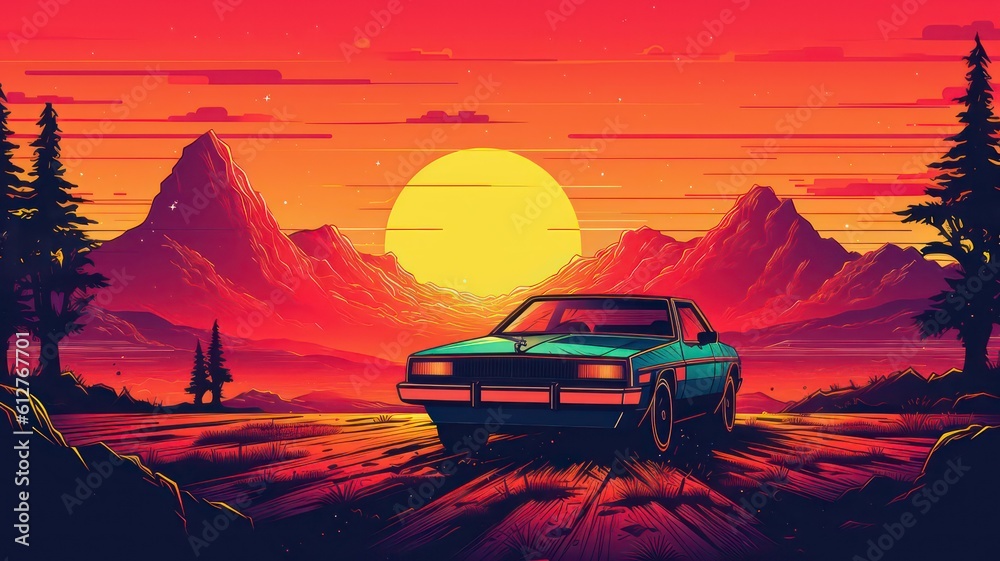 Summer vibes 80s style illustration with car driving into sunset. Generative AI Summer vibes 80s style illustration with car driving into sunset. Generative AI