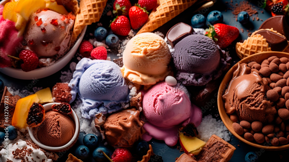 Variety of ice cream and frozen treats of berries and fruits. Generative AI, Variety of ice cream and frozen treats of berries and fruits. Generative AI,