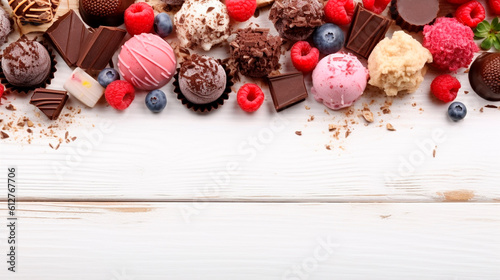 Variety of ice cream and frozen treats of berries and fruits. Generative AI,